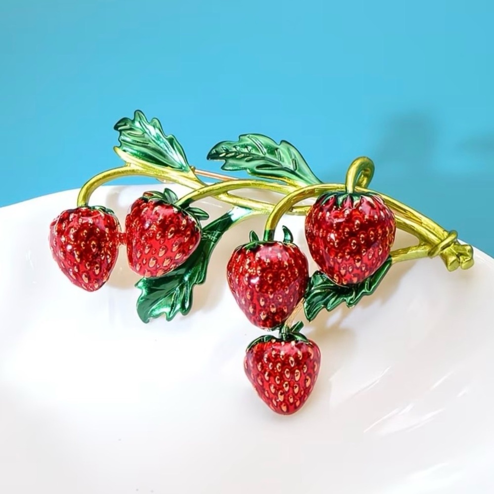 Red Strawberry Branch Enamel Brooch - Gold & Green Accents